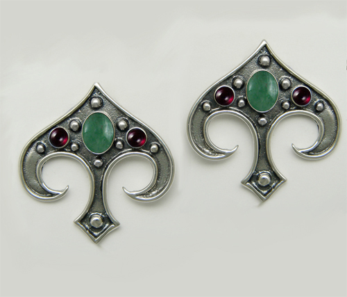 Sterling Silver Gothic Inspired Drop Dangle Earrings With Jade And Garnet